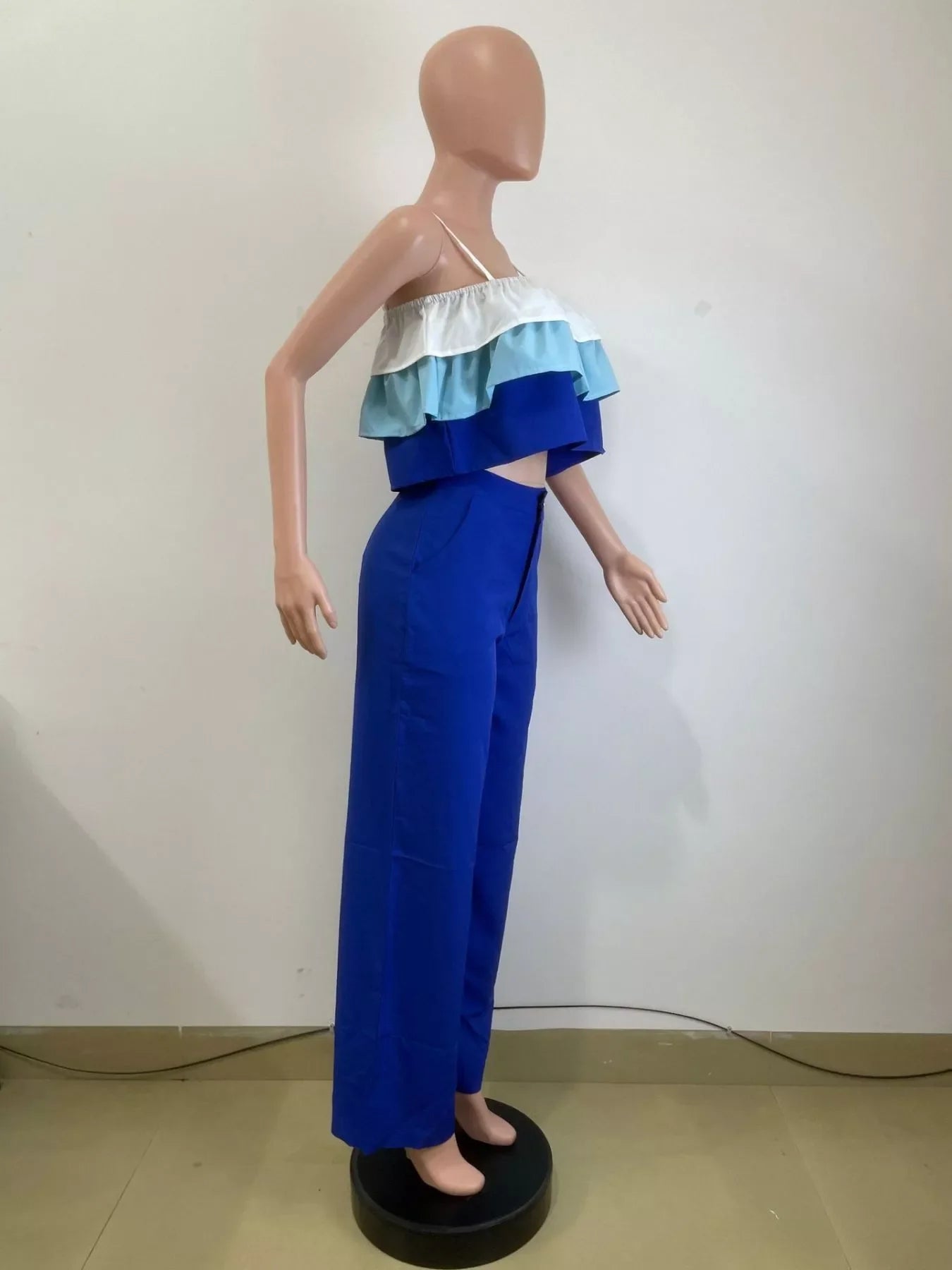 Layered ruffle crop top and pants set by Shopimist, featuring flowy fabric and stylish layered design, perfect for casual wear.