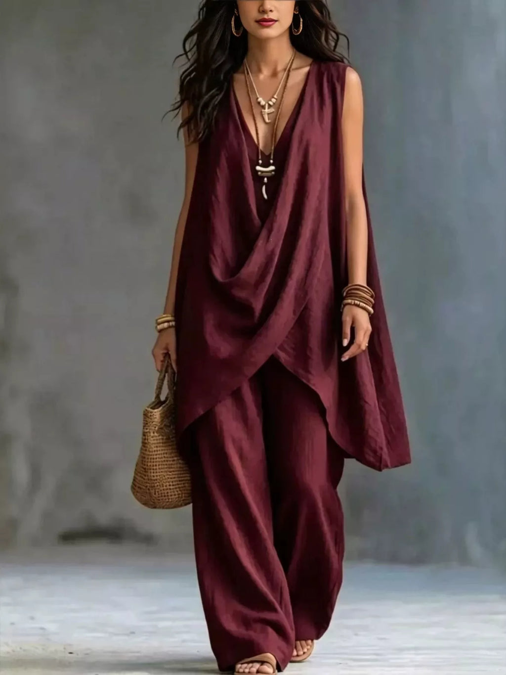 Sleeveless asymmetrical top and wide-leg pants set by Plush Fashion Hub displayed on a model. Fashionable and stylish outfit ensemble.