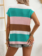 Women's striped notched neck short sleeve knit sweater by Trendsi, casual chic top featuring a stylish notched neckline and relaxed fit.