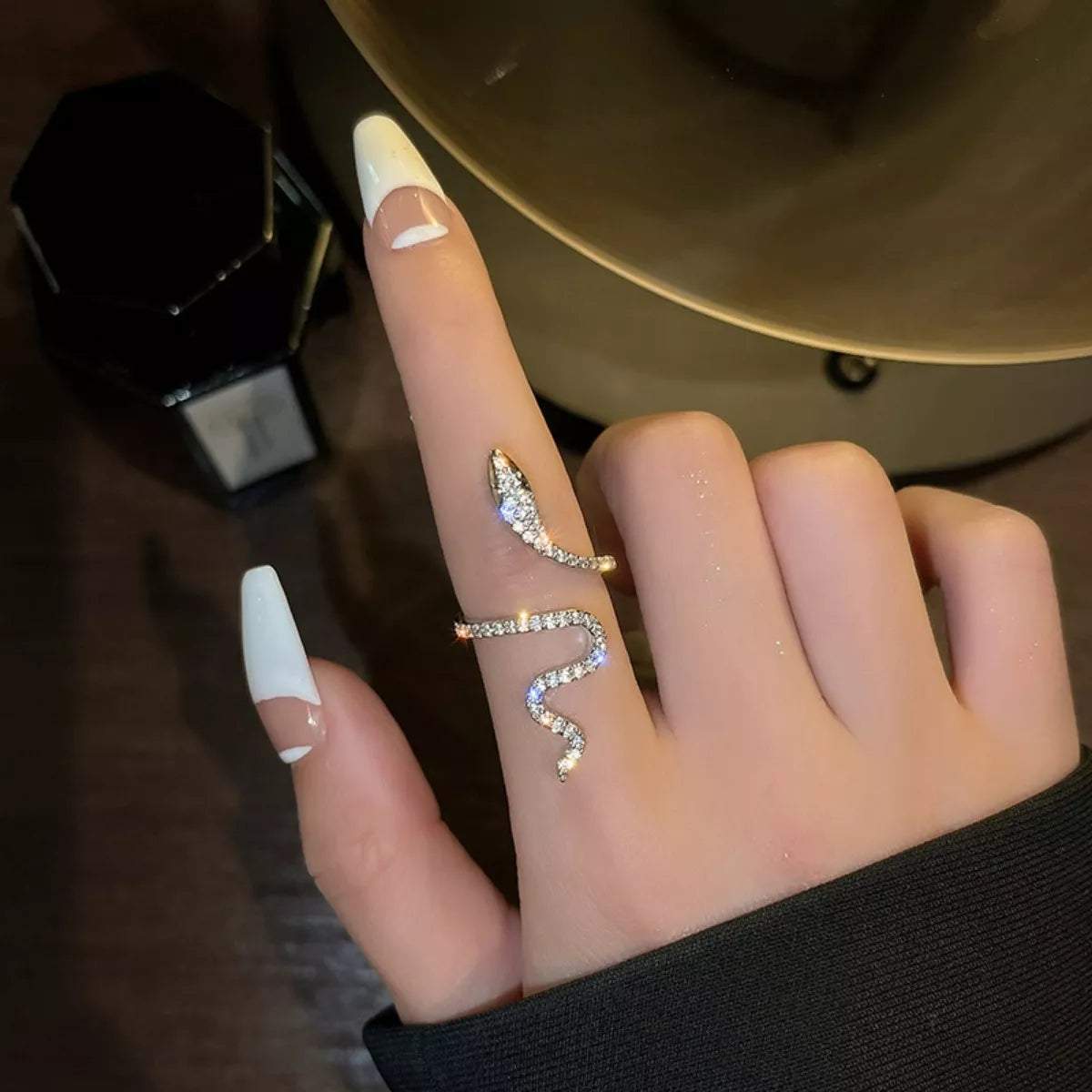 925 Sterling Silver Zircon Snake Bypass Ring featuring a sleek, twisting design with sparkling zircon accents.