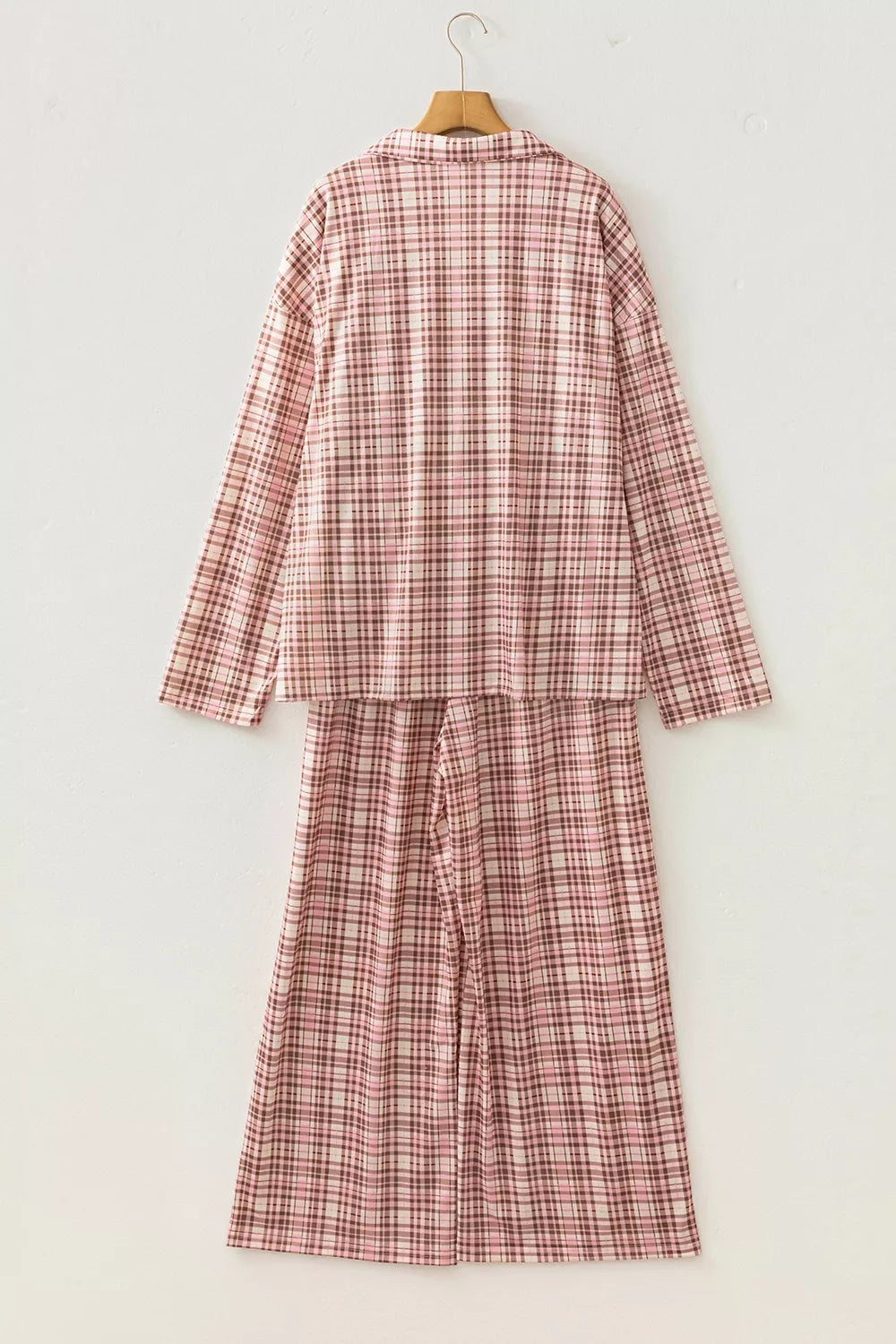 Plaid patch pockets long sleeve lounge set with matching long pants by Trendsi, featuring a cozy, casual style and comfortable fit.