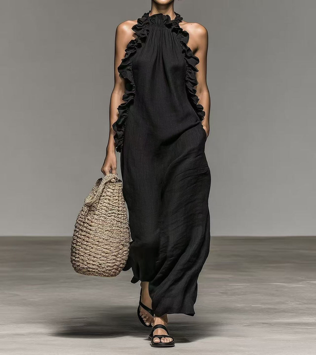 Flowy halter neck ruffled sleeveless casual dress with pockets by Plush Fashion Hub, loose fit, perfect for warm weather.