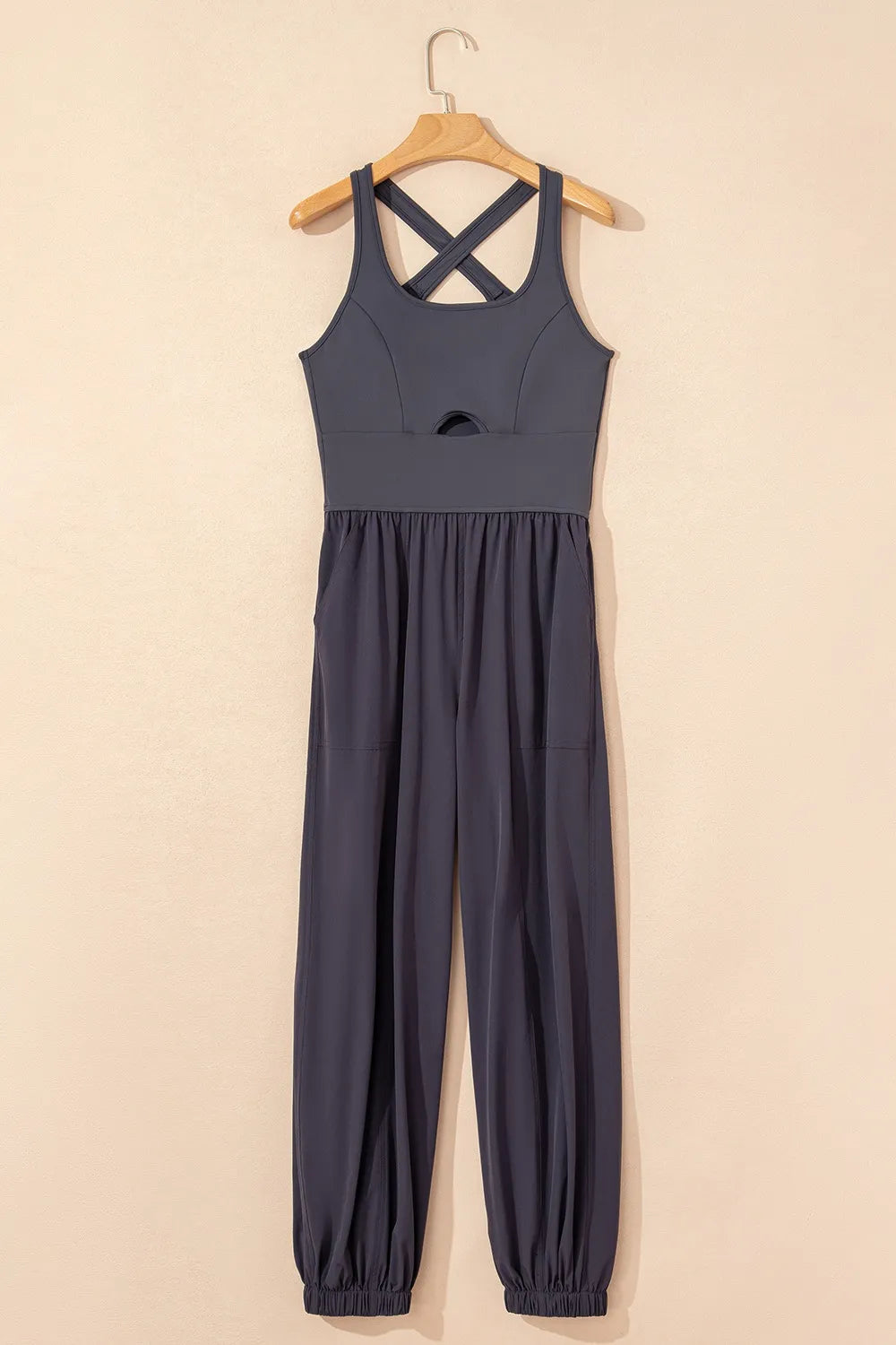 Plush Fashion Hub active jumpsuit with cutout square neckline and wide straps, designed for comfortable workout wear.