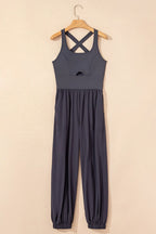 Plush Fashion Hub active jumpsuit with cutout square neckline and wide straps, designed for comfortable workout wear.