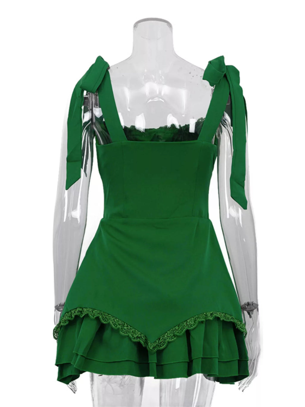 Shopimist tie-shoulder ruffled mini dress displayed on mannequin with floral pattern and short puffed sleeves for a stylish summer look.