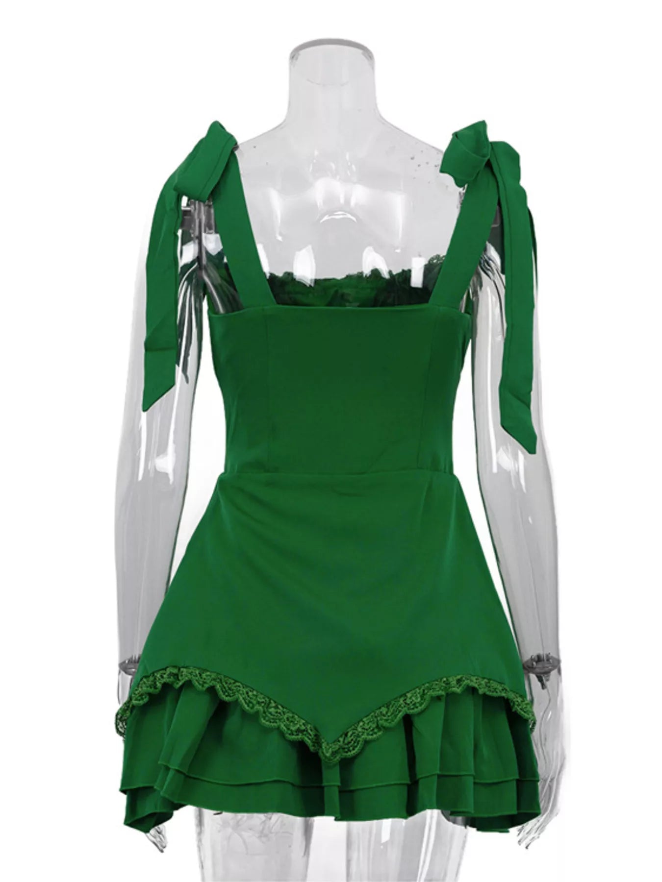 Shopimist tie-shoulder ruffled mini dress displayed on mannequin with floral pattern and short puffed sleeves for a stylish summer look.
