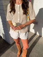 Women's FitiqueFit hollow-out knit cardigan with open front and short sleeves in a solid color, displayed on a neutral background.
