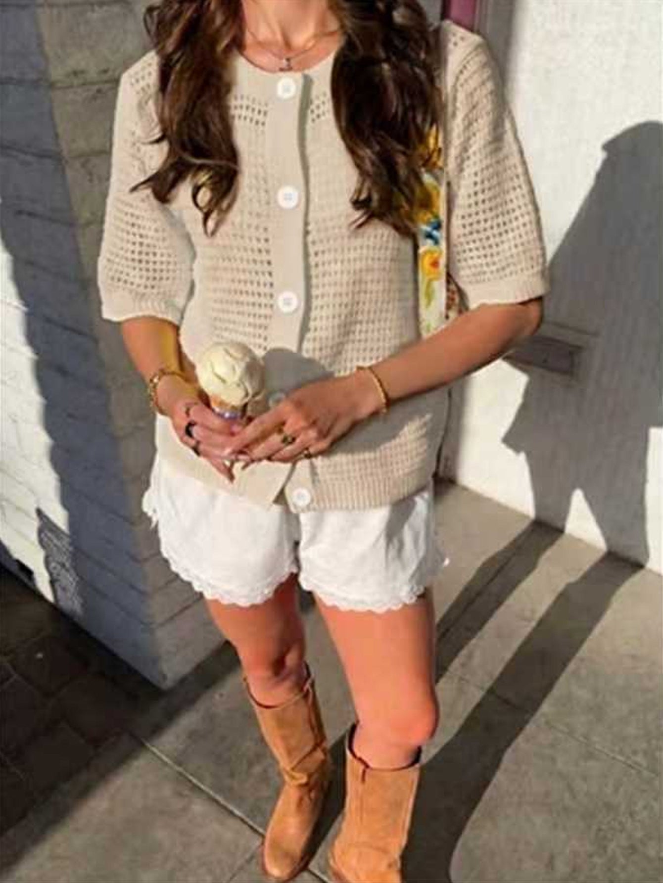 Women's FitiqueFit hollow-out knit cardigan with open front and short sleeves in a solid color, displayed on a neutral background.