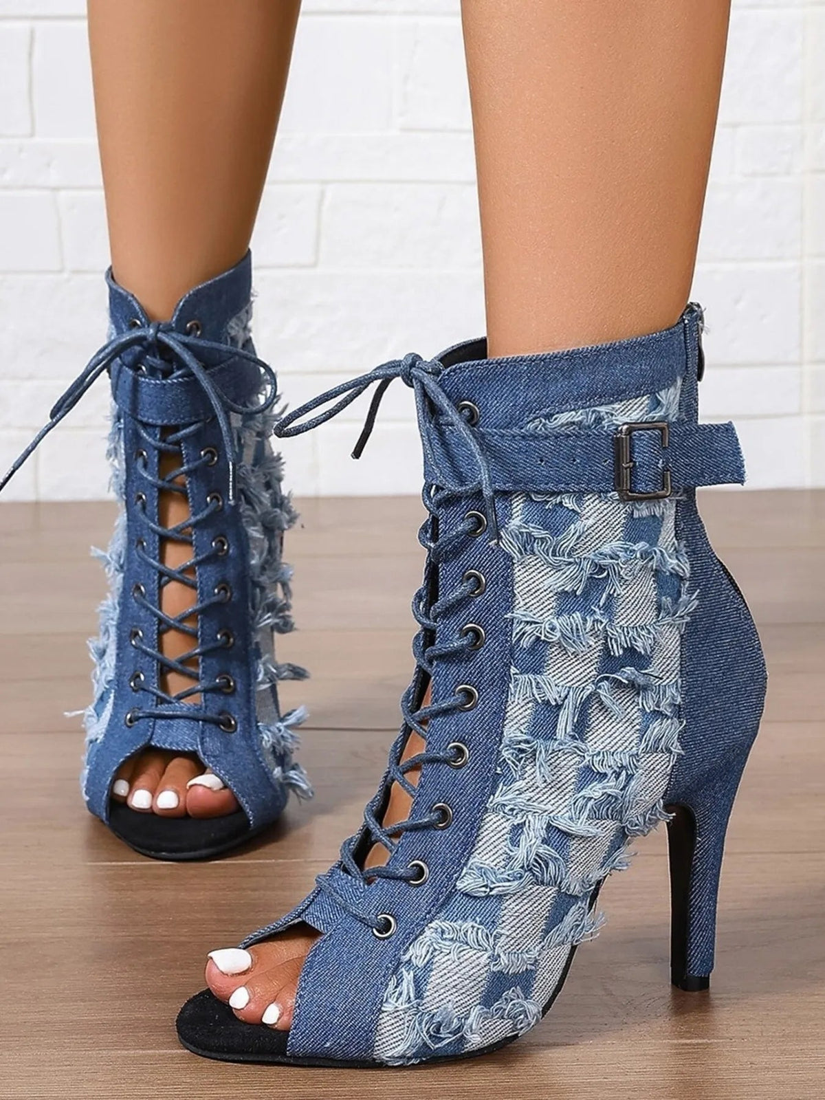 Distressed denim lace-up peep toe ankle boots with high heels from Plush Fashion Hub, stylish and trendy shoe design.