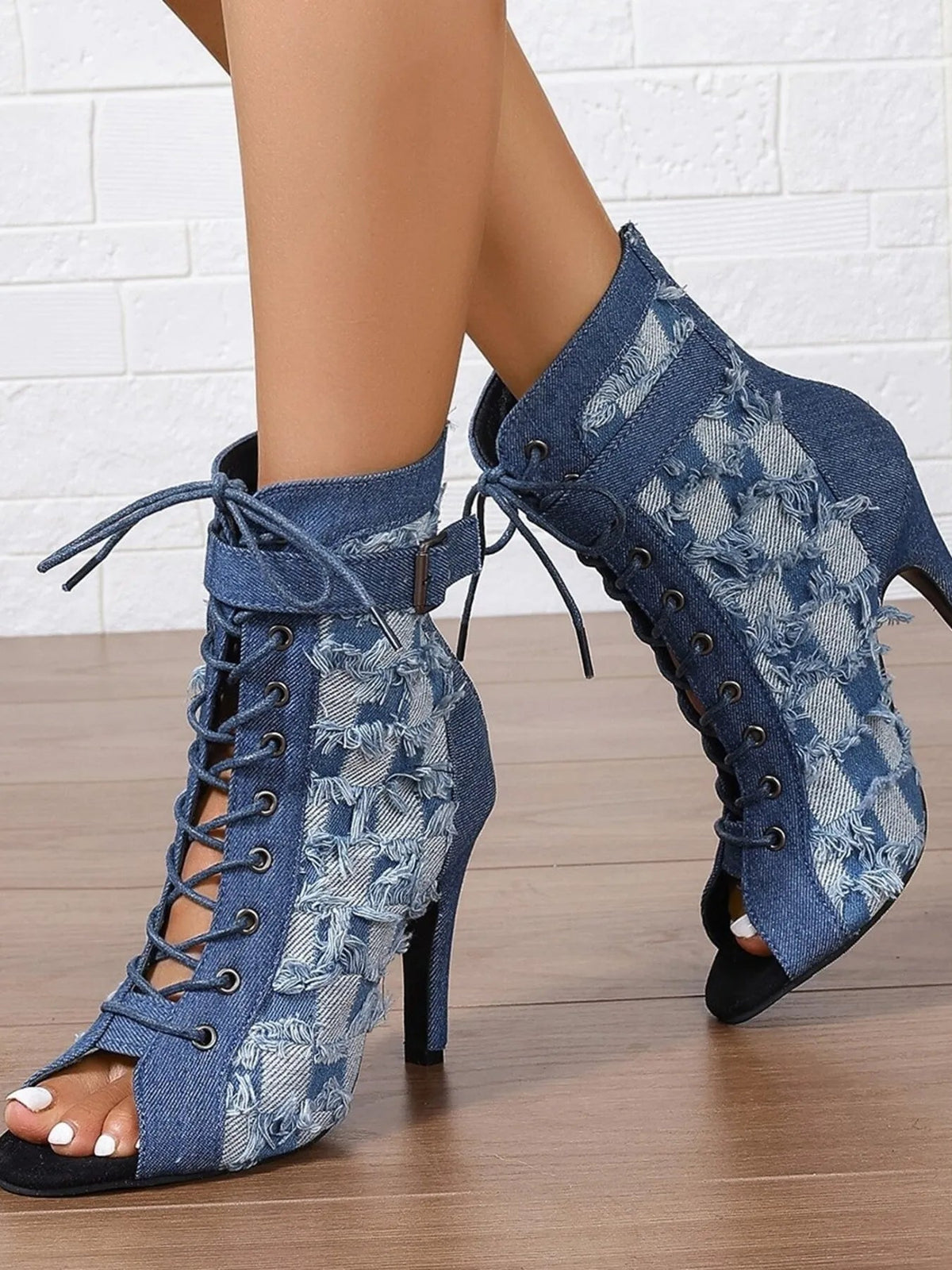 Distressed denim lace-up peep toe high heel ankle boots by Plush Fashion Hub, stylish shoe with rugged denim finish and open toe design.