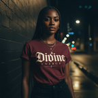 Maroon Gothic Script Faith graphic t-shirt by Wear Your Worship, featuring divine energy design on black fabric with a city night background.