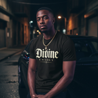 Black men's Divine Energy Tee by Wear Your Worship featuring Gothic script faith graphic on the front.