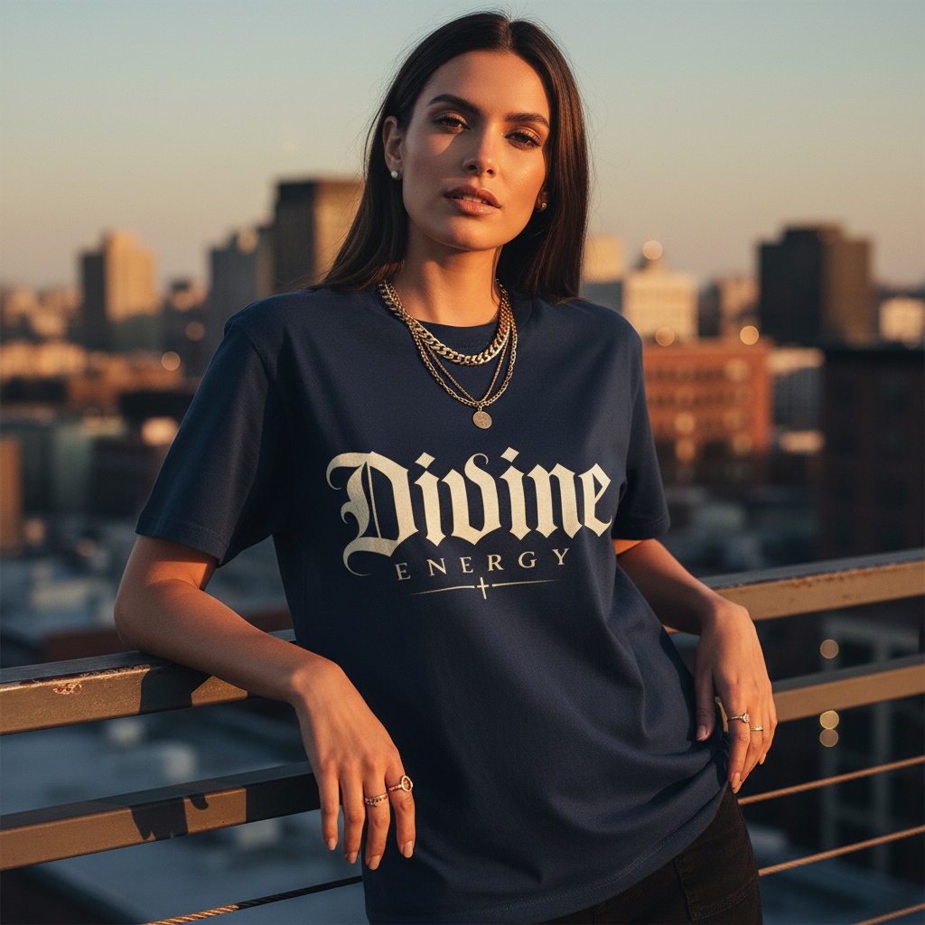 Navy Divine Energy T-Shirt by Wear Your Worship featuring Gothic script faith graphic, worn by a female model in a lifestyle setting.