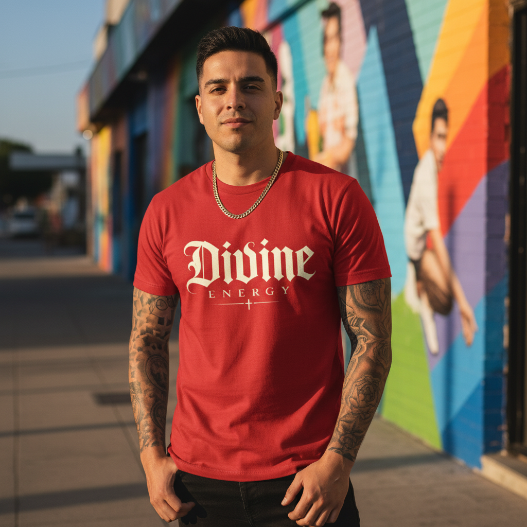 Red Gothic script Faith graphic T-shirt by Wear Your Worship, worn by a Hispanic male, showcasing bold religious design.