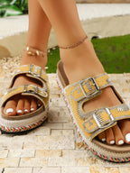 Silver double buckle rhinestone platform sandals in faux leather with chunky heels, trendy and stylish shoe by Trendsi.