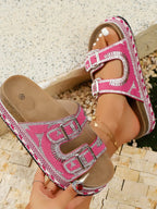 Faux leather platform sandals with double buckle rhinestone accents from Trendsi, featuring a stylish and bold design.