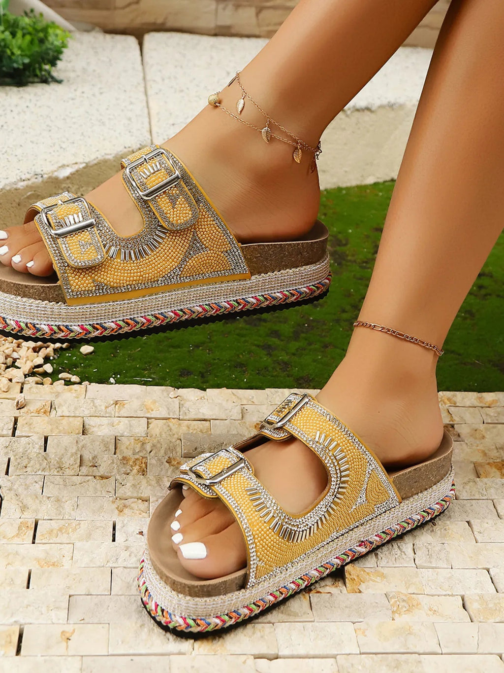 Faux leather double buckle rhinestone platform sandals with chunky heels, stylish and trendy footwear by Trendsi.