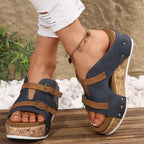 Women's double buckle platform wedge sandals with comfortable PU leather straps and chunky heel, stylish trendy footwear.