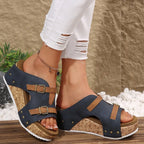 Women's double buckle platform wedge sandals by Trendsi, featuring comfortable PU leather straps and chunky heel for stylish support.