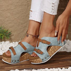 Women's double buckle platform wedge sandals with comfortable PU leather straps and chunky heel, stylish and supportive footwear.
