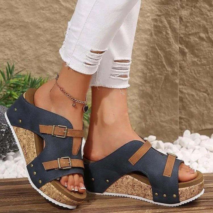 Women's double buckle platform wedge sandals with comfortable PU leather straps and thick heel, stylish and supportive footwear.