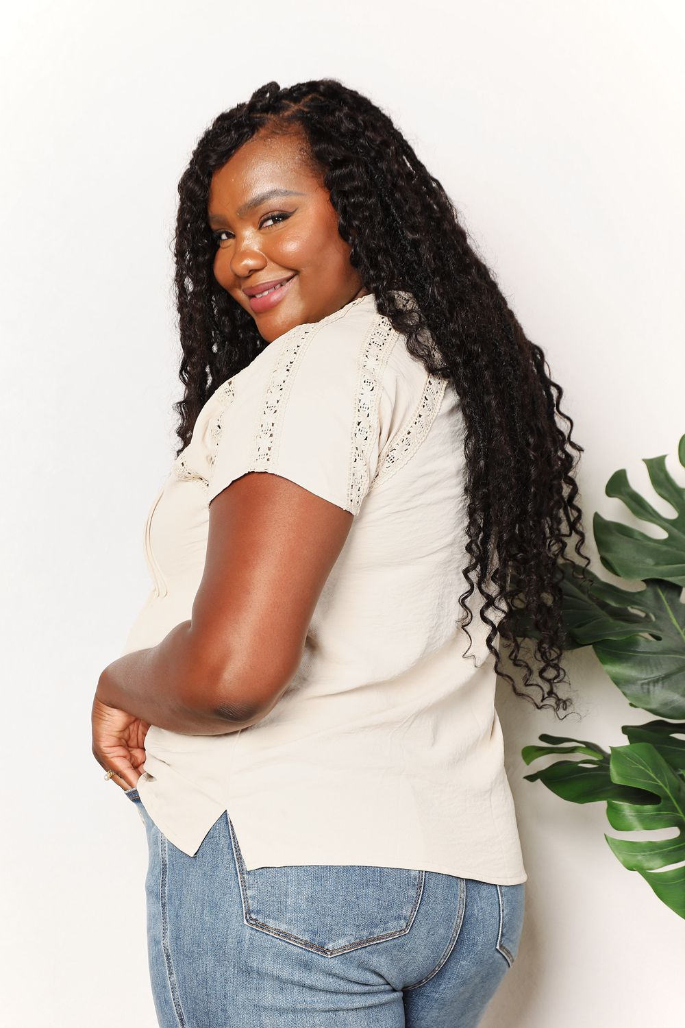 Women’s boho crochet button-down summer blouse with short sleeves, from Plush Fashion Hub, featuring a stylish, lightweight design.