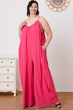 Women's ruffle trim tie-back cami jumpsuit with pockets, stylish women's apparel featuring a flattering fit and feminine details.