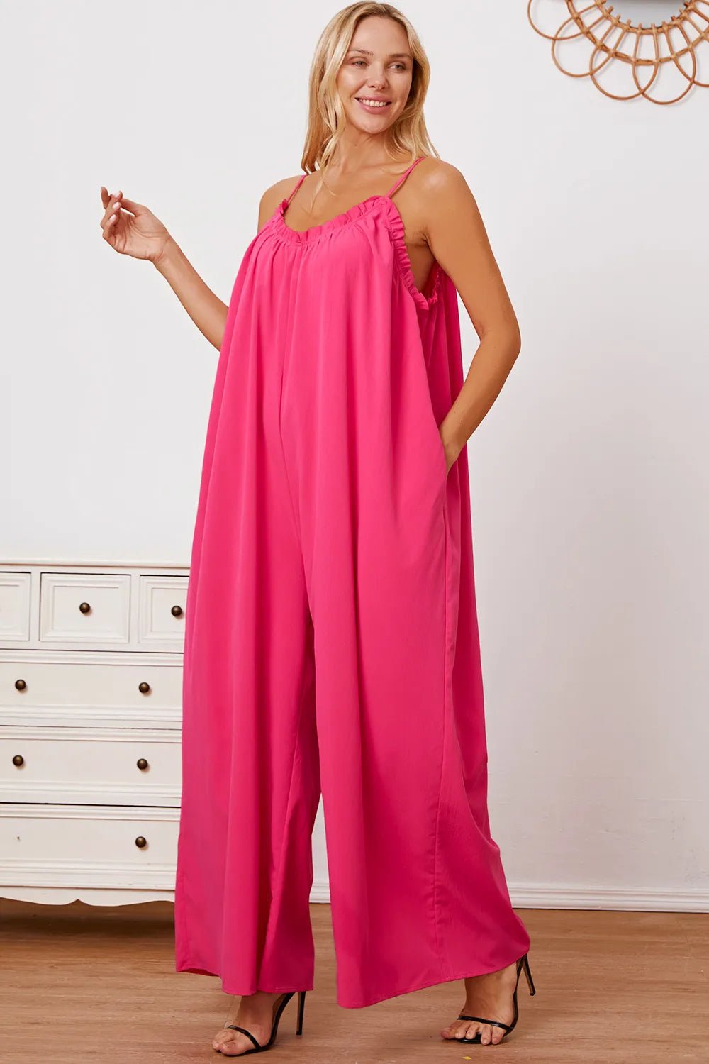 Women’s ruffle trim tie-back cami jumpsuit with pockets, stylish summer women’s apparel by Trendsi.