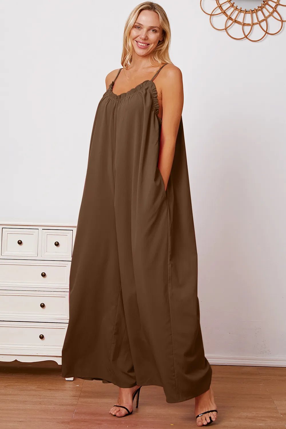 Women's ruffle trim tie-back cami jumpsuit with pockets, stylish summer women’s apparel featuring a flattering fit and feminine details.