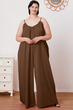 Women's ruffle trim tie-back cami jumpsuit with pockets, fashionable women's apparel featuring a flattering silhouette and stylish details.