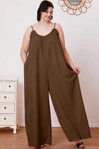 Women's ruffle-trim tie-back cami jumpsuit with pockets, trendy women's apparel featuring a stylish design and comfortable fit.