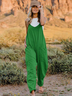 Women's sleeveless V-neck wide-leg jumpsuit with pockets, stylish and comfortable women's apparel by Trendsi.