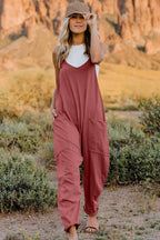 Women’s lightweight V-neck sleeveless jumpsuit with pockets, casual romper by Plush Fashion Hub, shown in full size.