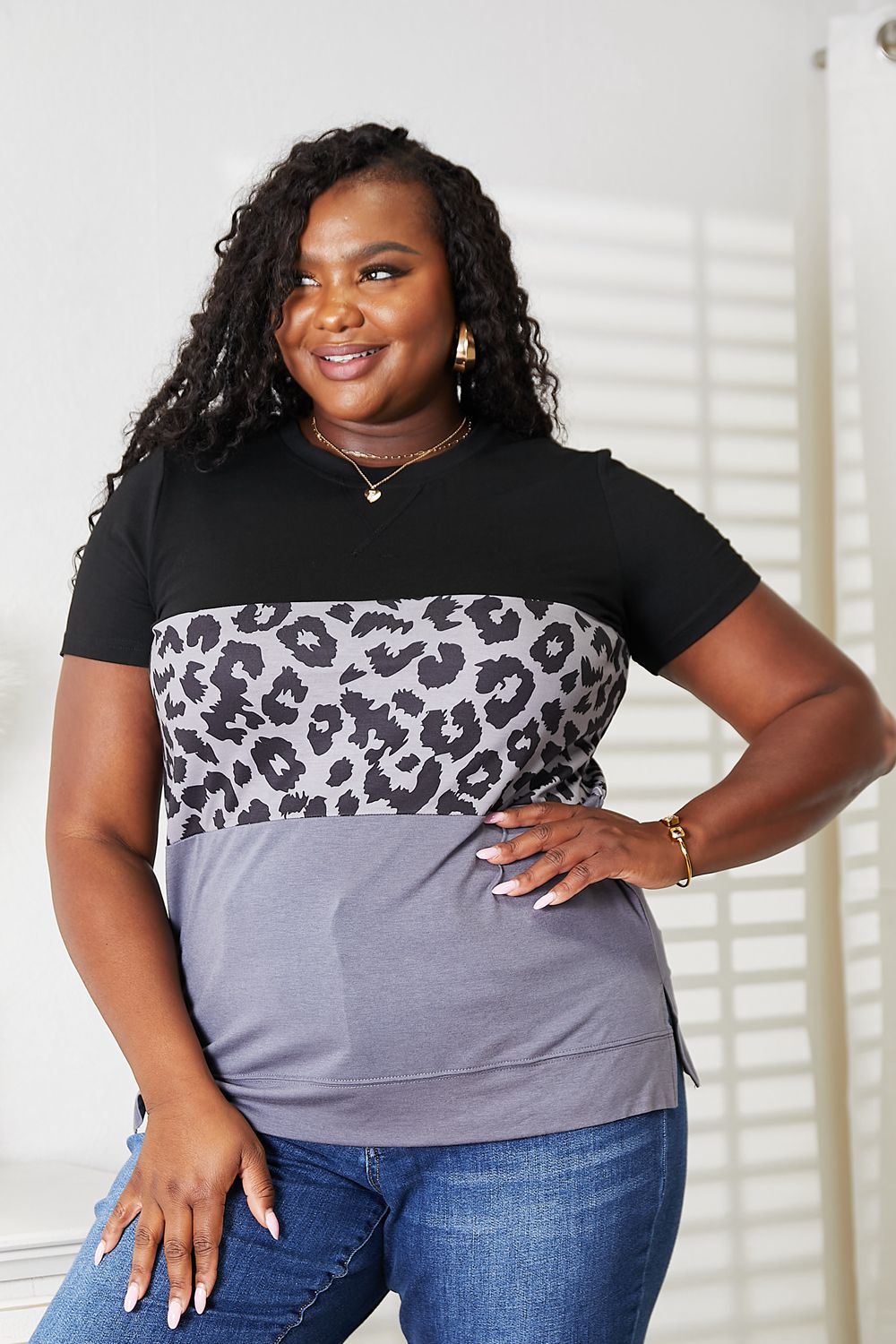 Women’s Leopard Print Color Block Short Sleeve T-Shirt by Plush Fashion Hub, featuring bold leopard pattern and vibrant color blocks.