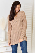 Women’s ribbed long sleeve notched neck t-shirt by Trendsi, slim fit casual top with a stylish notched neckline and textured ribbed fabric.