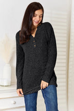 Women's ribbed long sleeve notched neck t-shirt from Trendsi, slim fit casual top with a stylish notched neckline.