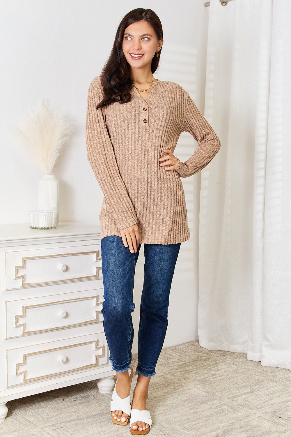 Women's ribbed long sleeve notched neck T-shirt by Trendsi, slim fit casual top with a stylish notched neckline and ribbed fabric.