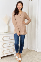 Women's ribbed long sleeve notched neck T-shirt by Trendsi, slim fit casual top with a stylish notched neckline and ribbed fabric.