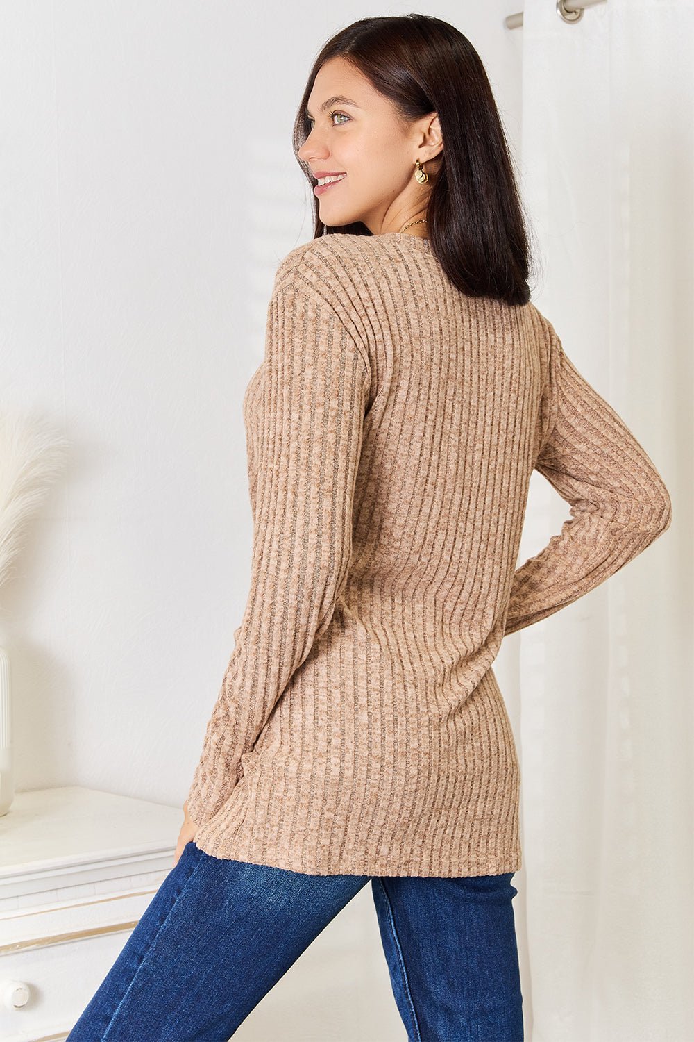 Women's ribbed long sleeve notched neck T-shirt by Trendsi, slim fit casual top with ribbed fabric and stylish notch detail.