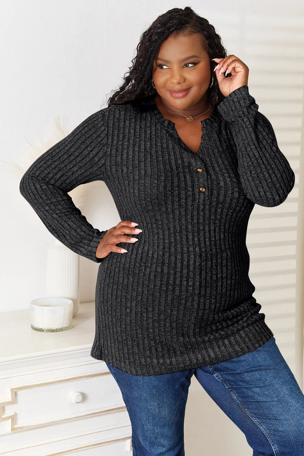 Women's ribbed long sleeve notched neck T-shirt by Trendsi, slim fit casual top with a stylish notched neckline and ribbed fabric.