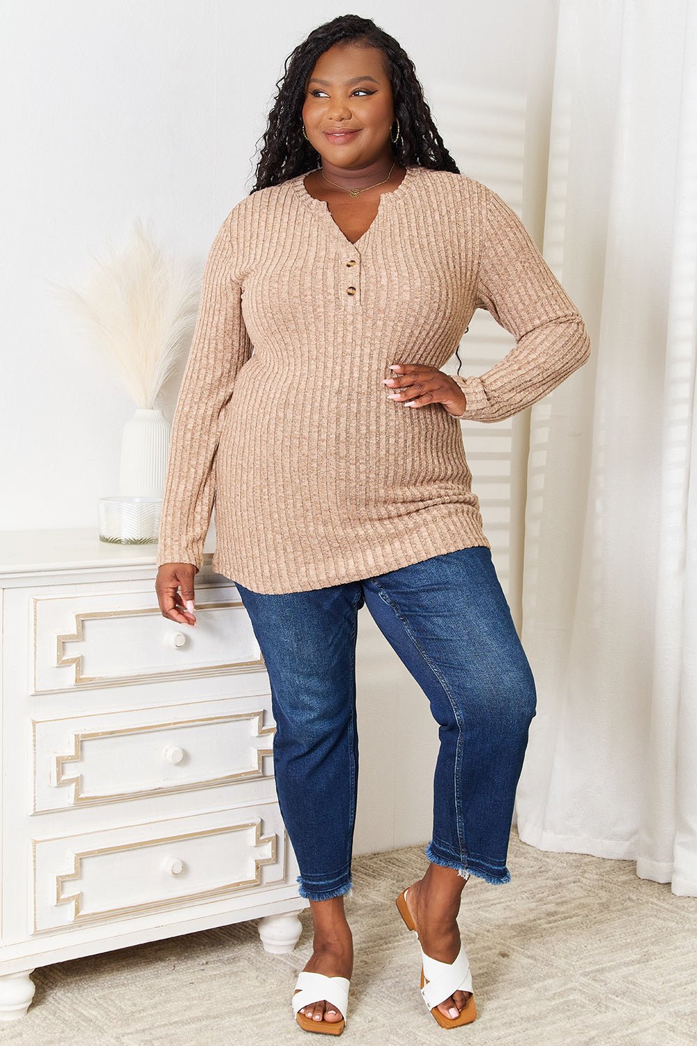 Women’s ribbed long sleeve notched neck T-shirt by Trendsi, slim fit casual top with a stylish notched neckline and ribbed fabric.