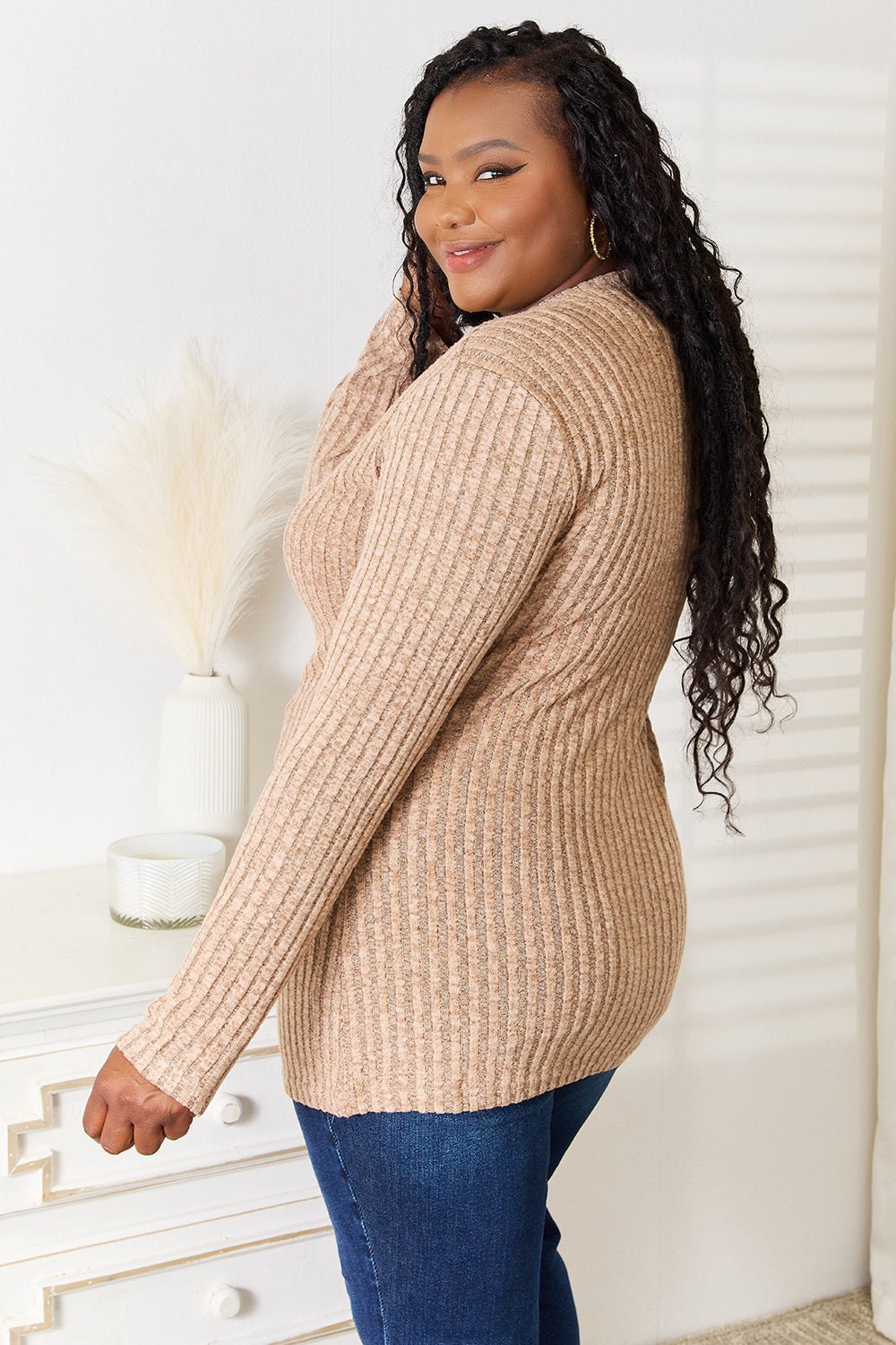 Women's ribbed long sleeve notched neck T-shirt by Trendsi, slim fit casual top with a stylish notched neckline.