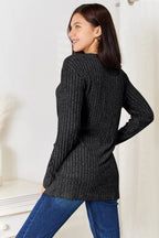 Women's ribbed long sleeve notched neck T-shirt by Trendsi, slim fit casual top with a stylish notched neckline and ribbed fabric.