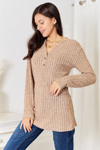 Women's ribbed long sleeve notched neck T-shirt by Trendsi, slim fit casual top with a stylish notched neckline and ribbed fabric.