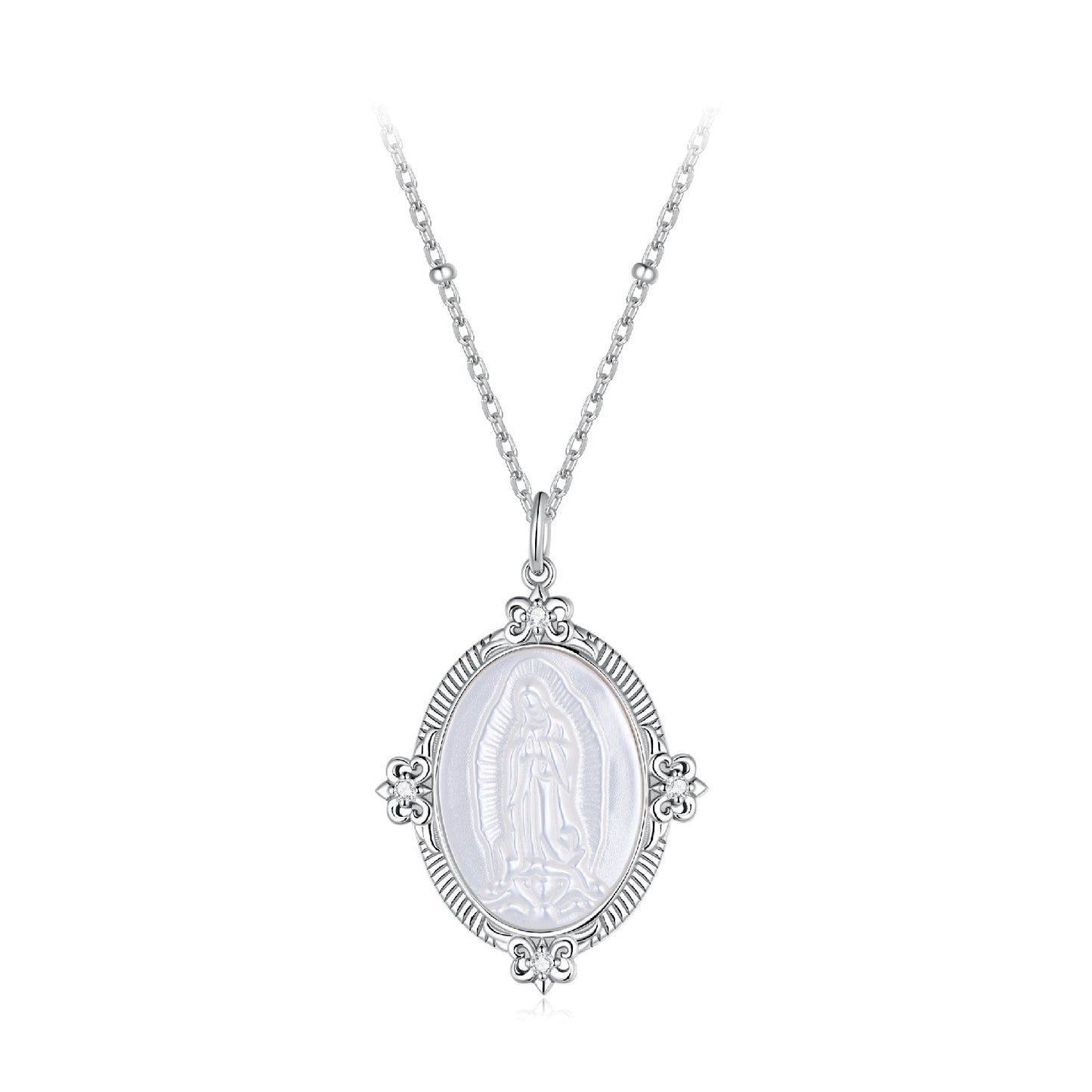 Sterling silver necklace with white gold plating, 40+5cm length, CZ and Mother of Pearl pendant for women.