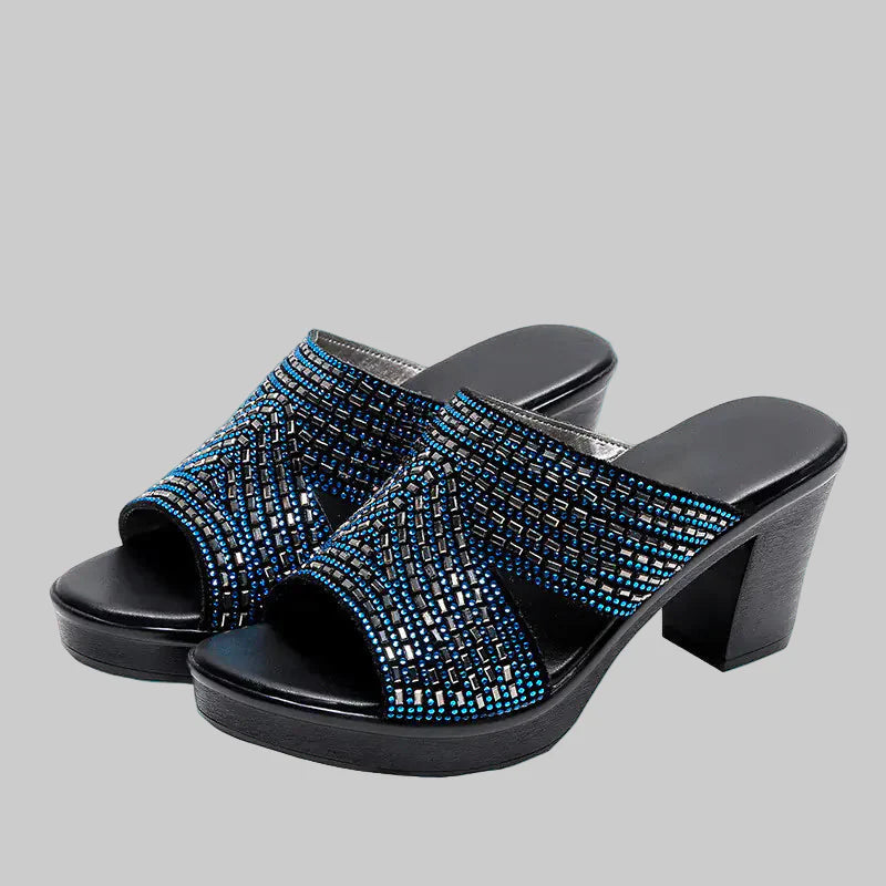 Women rhinestone platform high heels with thick heels and open toes, stylish sandal design by Trendy Attic Store01