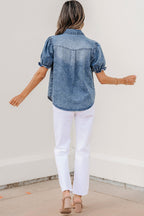 Ariana Short Sleeve Snap Shirt by Threaded Pear, light blouse with short sleeves and snap buttons, displayed flat.