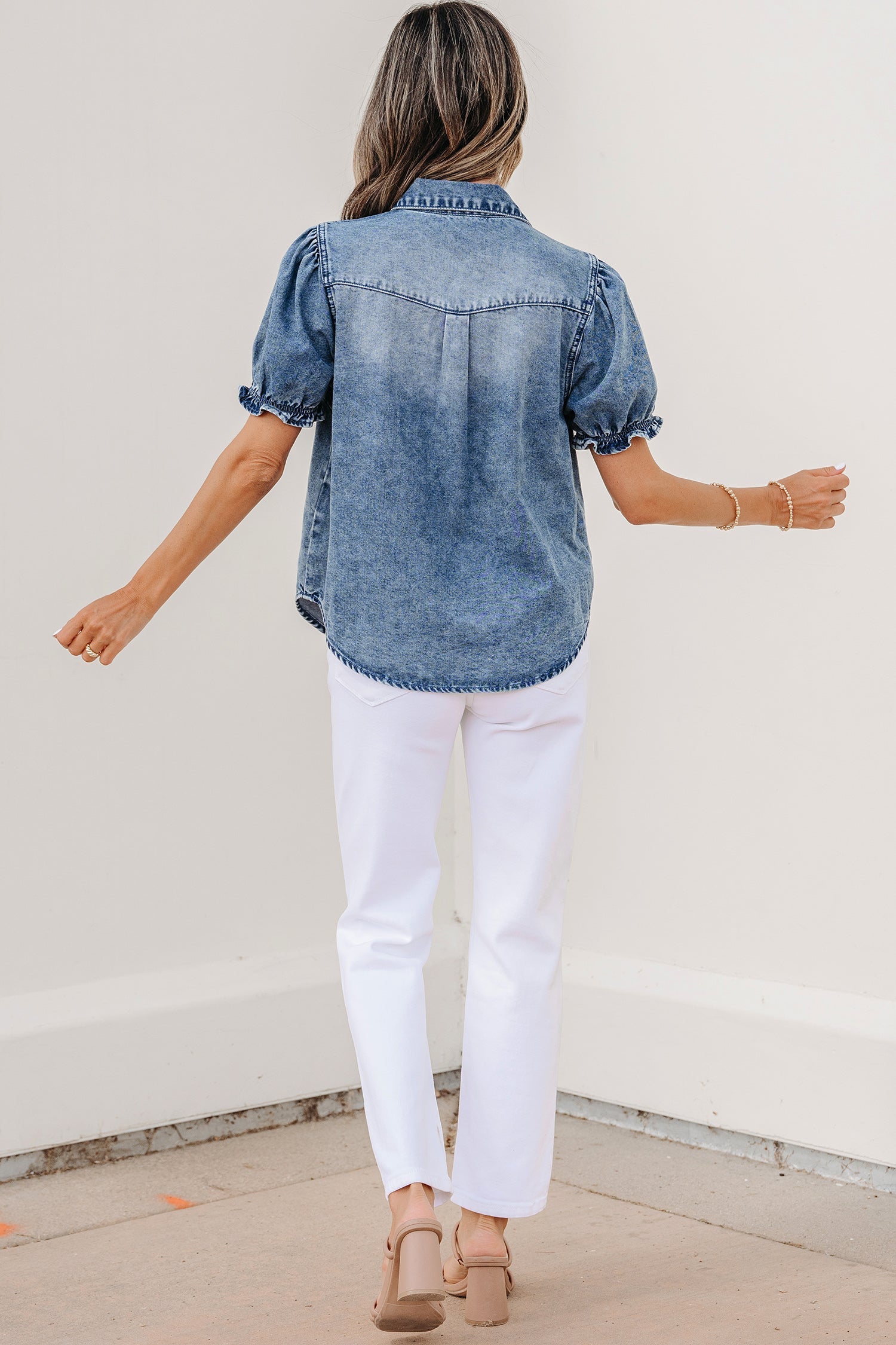 Ariana Short Sleeve Snap Shirt by Threaded Pear, light blouse with short sleeves and snap buttons, displayed flat.