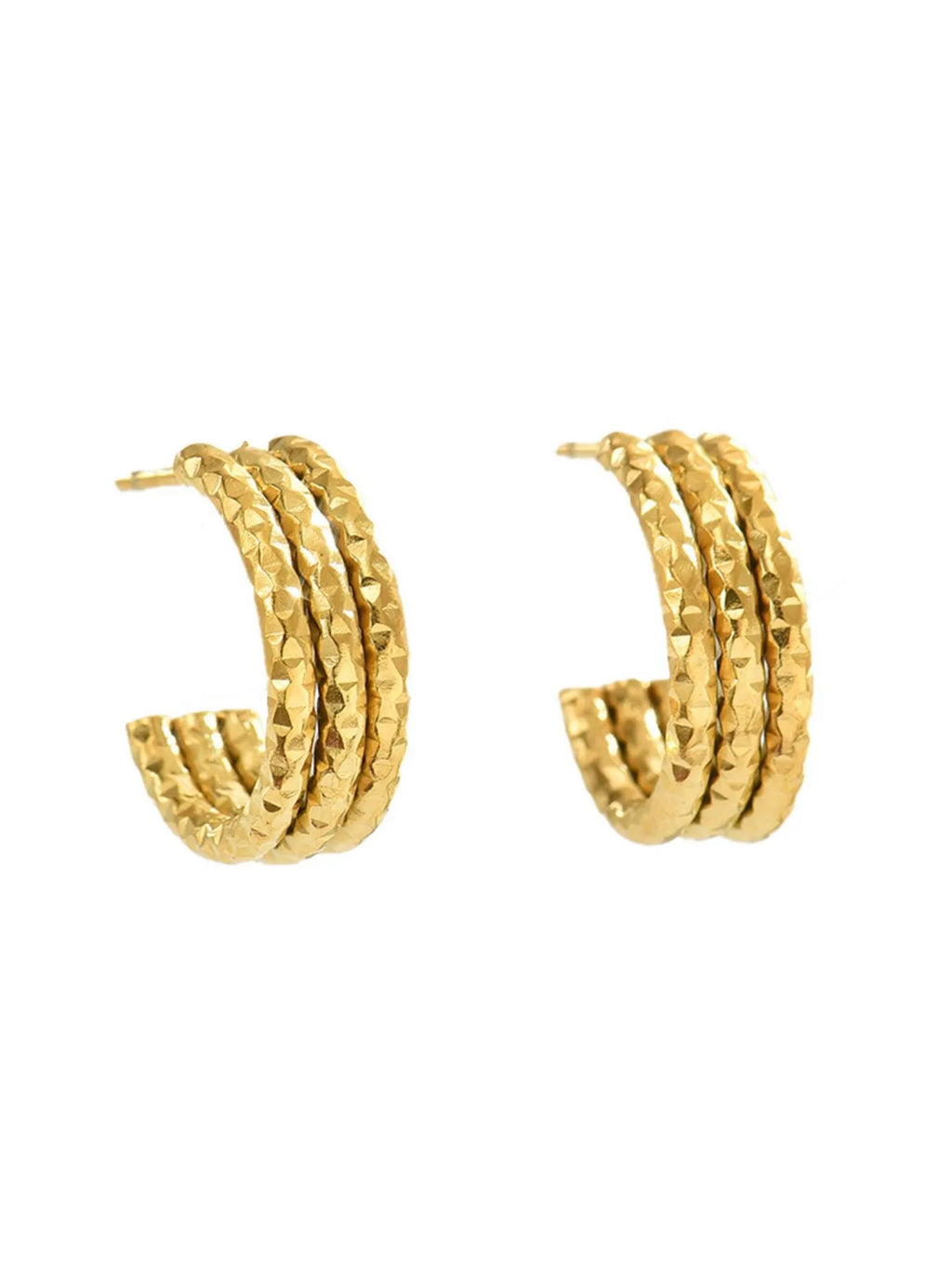 18K gold-plated textured triple band hoop earrings with a stylish and modern design, shown on a plain background.