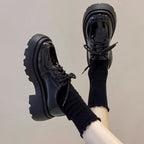 Women's British style chunky sole leather loafers with elevated heel, trendy footwear by FitiqueFit.